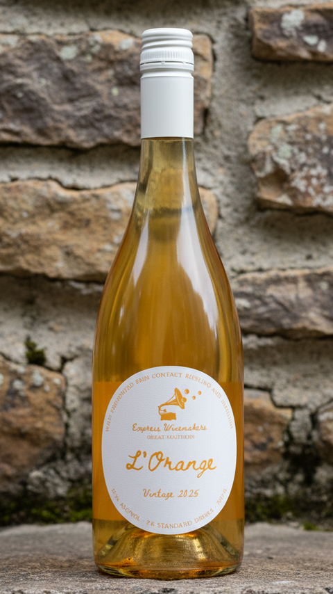 Bottle of L'Orange wine with a white label on a white background