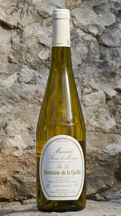 Bottle of Domaine de la Quinta white wine on a white background